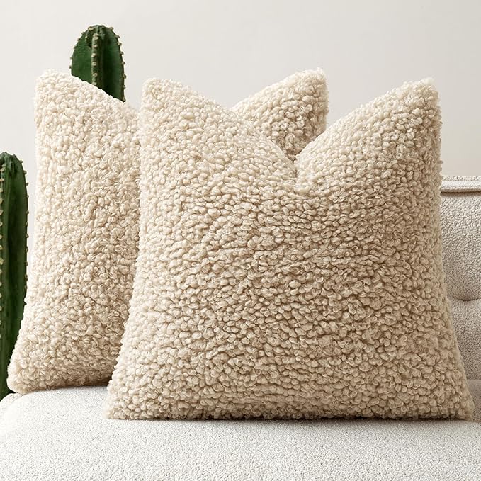 Faux Fur Throw Pillow Covers 24x24 Inch Set of 2 Boucle Neutral Decorative