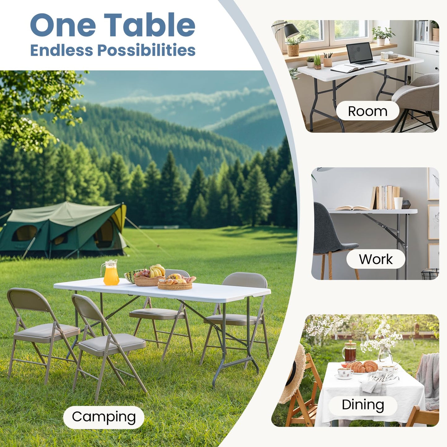 Sweetcrispy 6 FT Folding Picnic Table Easy to Fold and Store, Foldable Table for Camping Picnic Dining Party Kitchen Outdoor Indoor with Carrying Handle