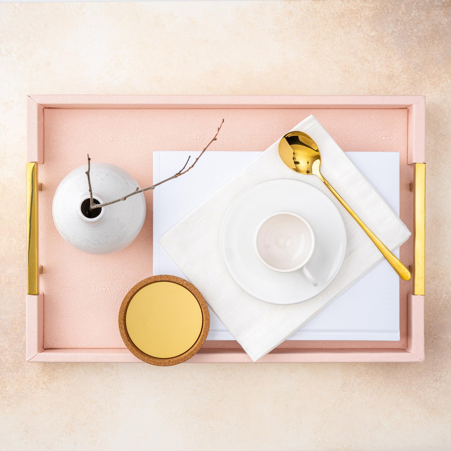 Home Redefined Modern Elegant 17.5"x12" Rectangle Baby Pink Tray Glossy Shagreen Faux Leather Decorative Ottoman Coffee Table Perfume Dresser Kitchen Serving Tray with Gold Polished Metal Handles.