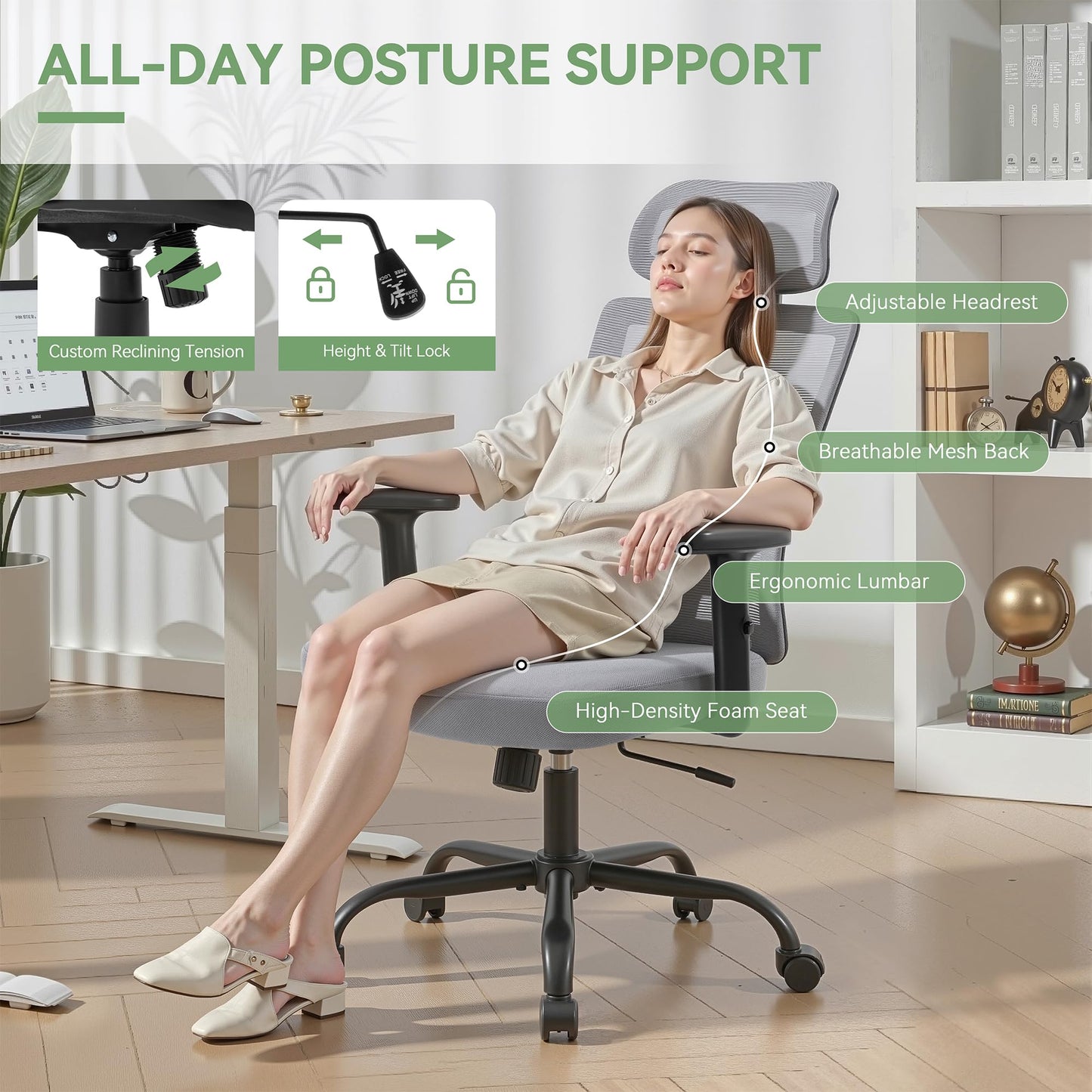 Meilocar Ergonomic Office Chair, Office Desk Chair with High Back Mesh and Adjustable Lumbar Support, Rolling Work Chairs with Wheels and Adjustable Headrests, Wide Cushion, Grey