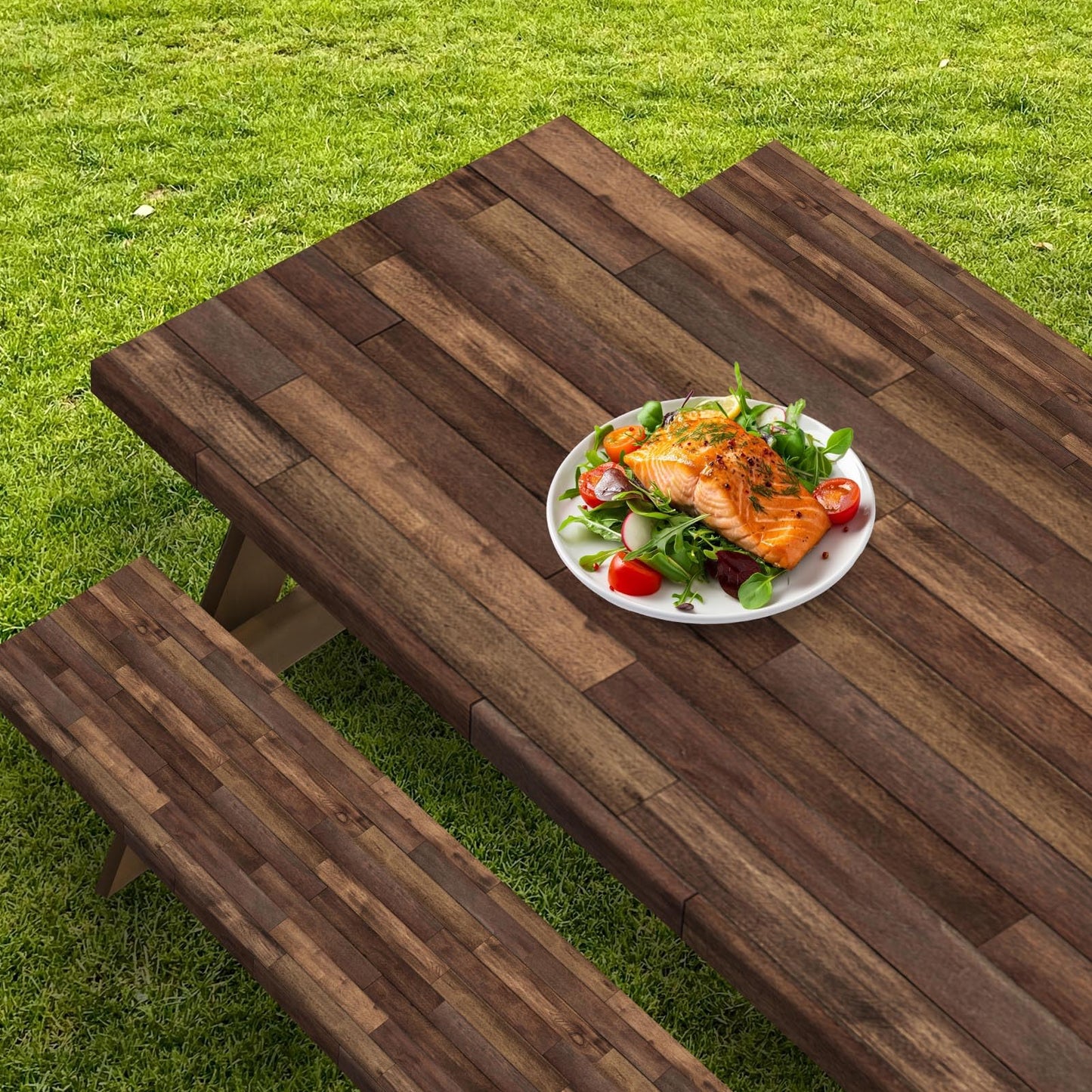 Britown Picnic Table Cover with Bench Covers Elastic Edges, Brown Wood Fitted Table Cover, Outdoor Patio Camping Essentials 72 Inch 3PCS, Waterproof Camping Fitted Tablecloth with Drawstring Bag