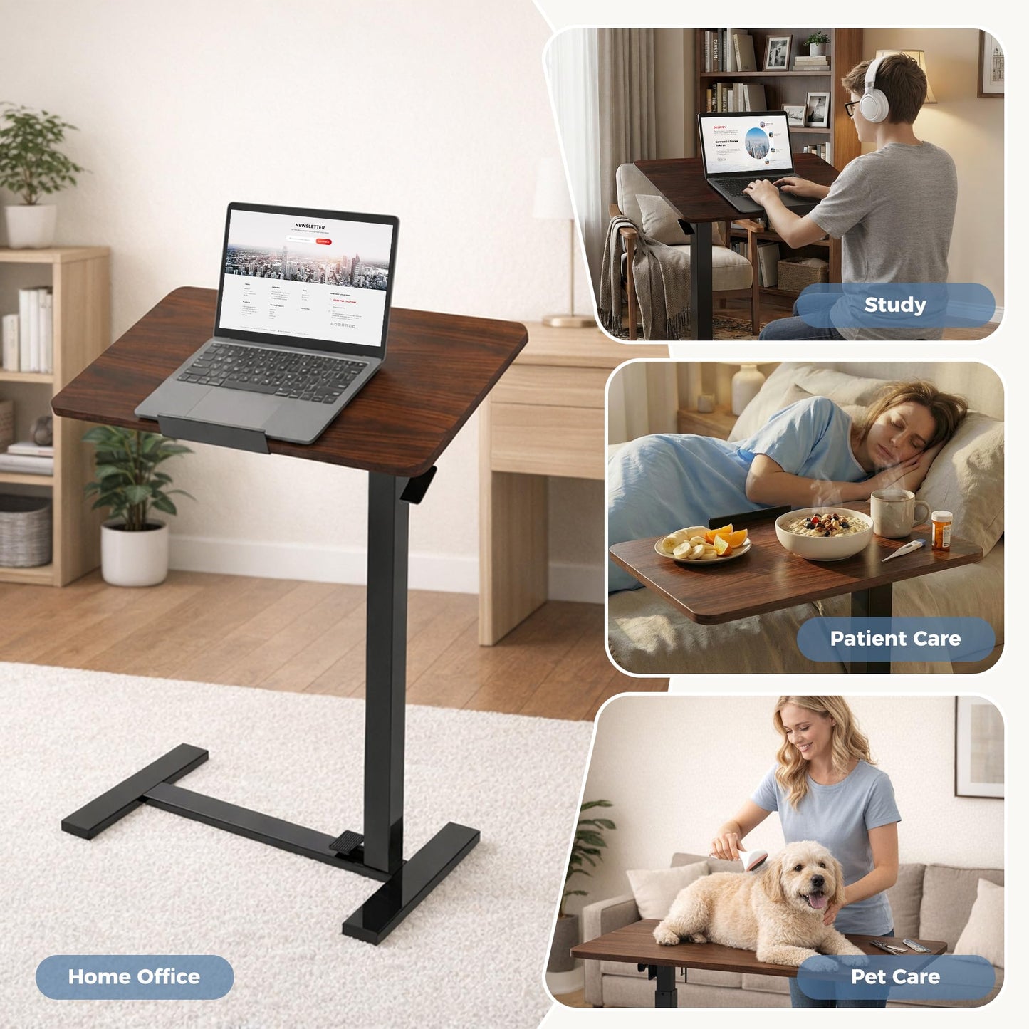DUMOS Mobile Standing Desk, Height-Adjustable Computer Cart with Pneumatic Lift, Portable Computer Workstation Cart for Bed, Couch, Office, Sofa, Brown