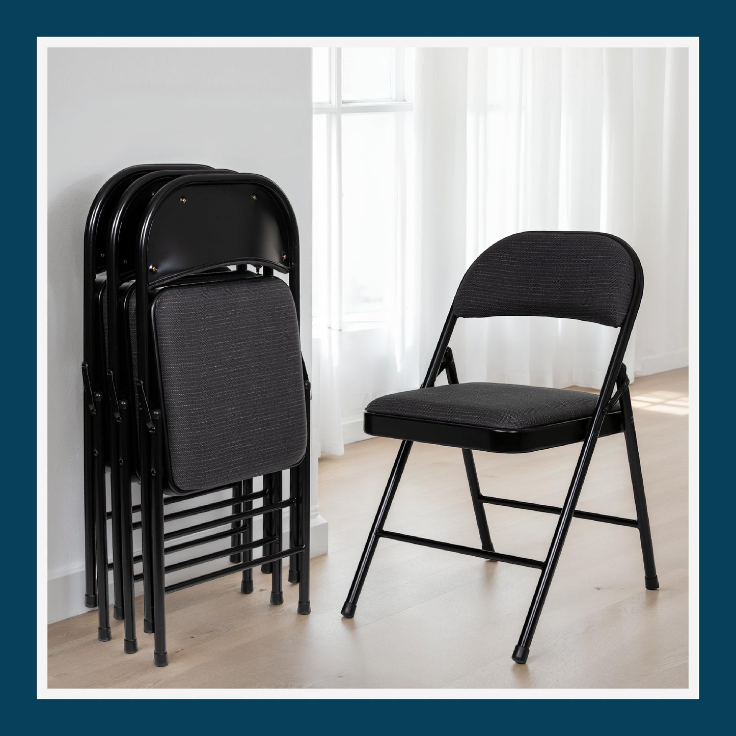 OEF Furnishings OEF970 Series Premium Fabric Padded All Steel Folding Chairs, Comfort Cushioned Seat & Back for Meeting Office Training Rooms (4 Pack, Cosmic Black)