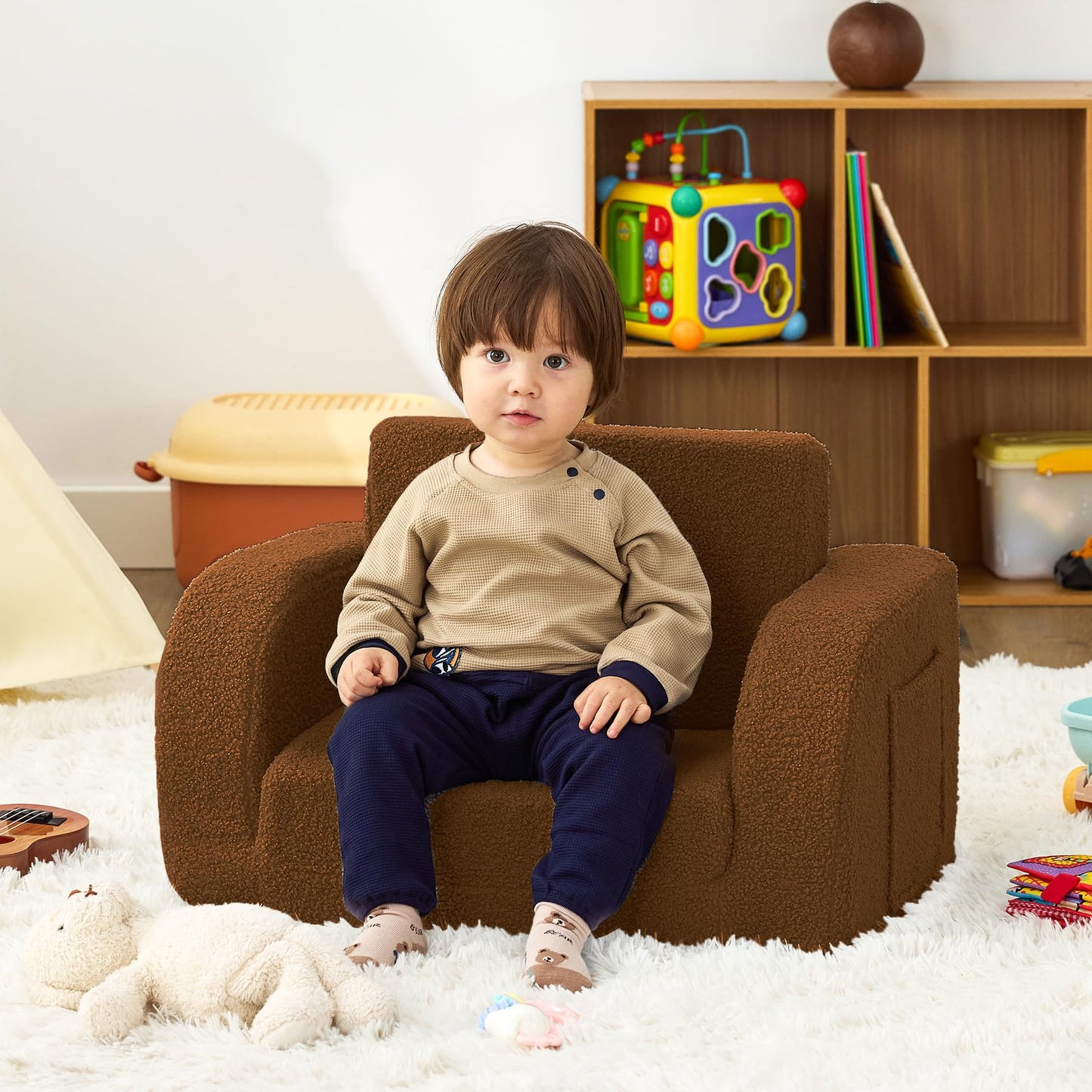 Toddler Couch, 2-in-1 Toddler Chairs Comfy 1-3 Years Old, Toddler Chair for Girls and Boys, Kids Couch Bed Fold Out, Convertible Baby Sofa to Lounge Chair for Playing, Reading, Napping, Brown