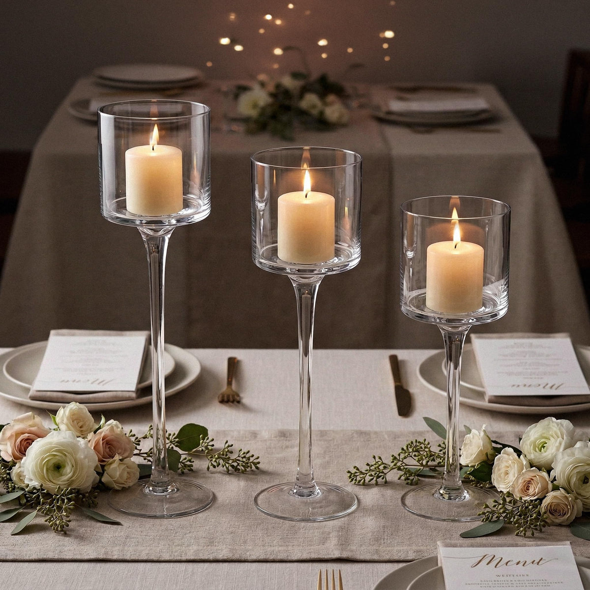 Royal Imports Glass Candleholder Flower Vase, Floating & Pillar Candle Centerpiece Display, Decorative Hurricane on Pedestal for Home or Wedding Set of 3, Clear