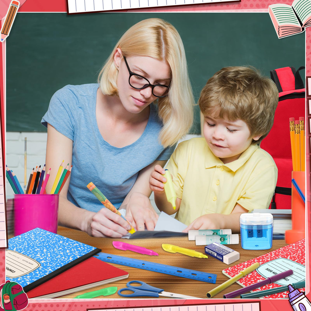 Gilprop 79 Pcs Back to School Supplies Box for Kids K-5 Students Elementary Middle School Supplies Kit Bundle Bulk Essential Pen Notebook Stationery for Primary Student Classroom(Red)