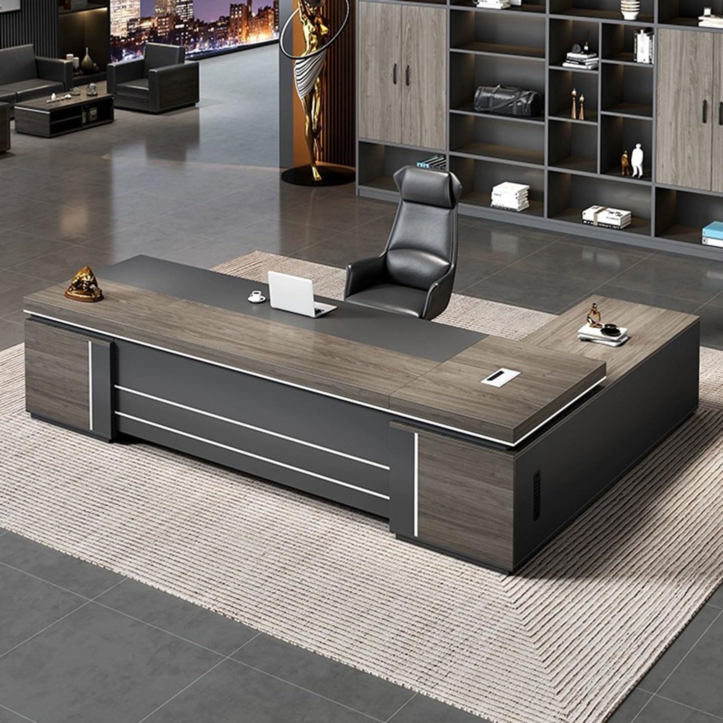 LSIGHTUS Luxury Executive Desk with Shelves and Lateral Cabinet for CEO Boss Manager Gaming Table Business Furniture Workstation for Home Office