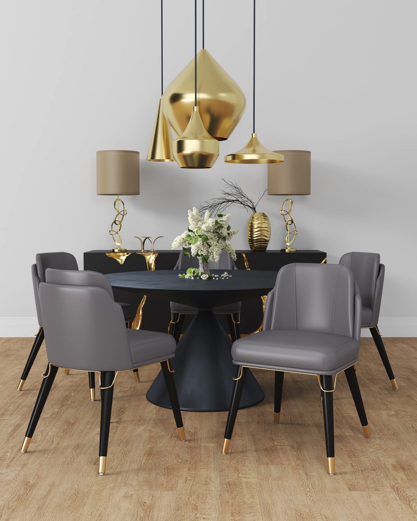 Manhattan Comfort Estelle Faux Leather Dining Chair, Mid Century Modern Design with Gold Metal Accents, Solid Wood Frame, Padded Cushions, Upholstered Side Rail, Fully Assembled, Set of 1, Pebble