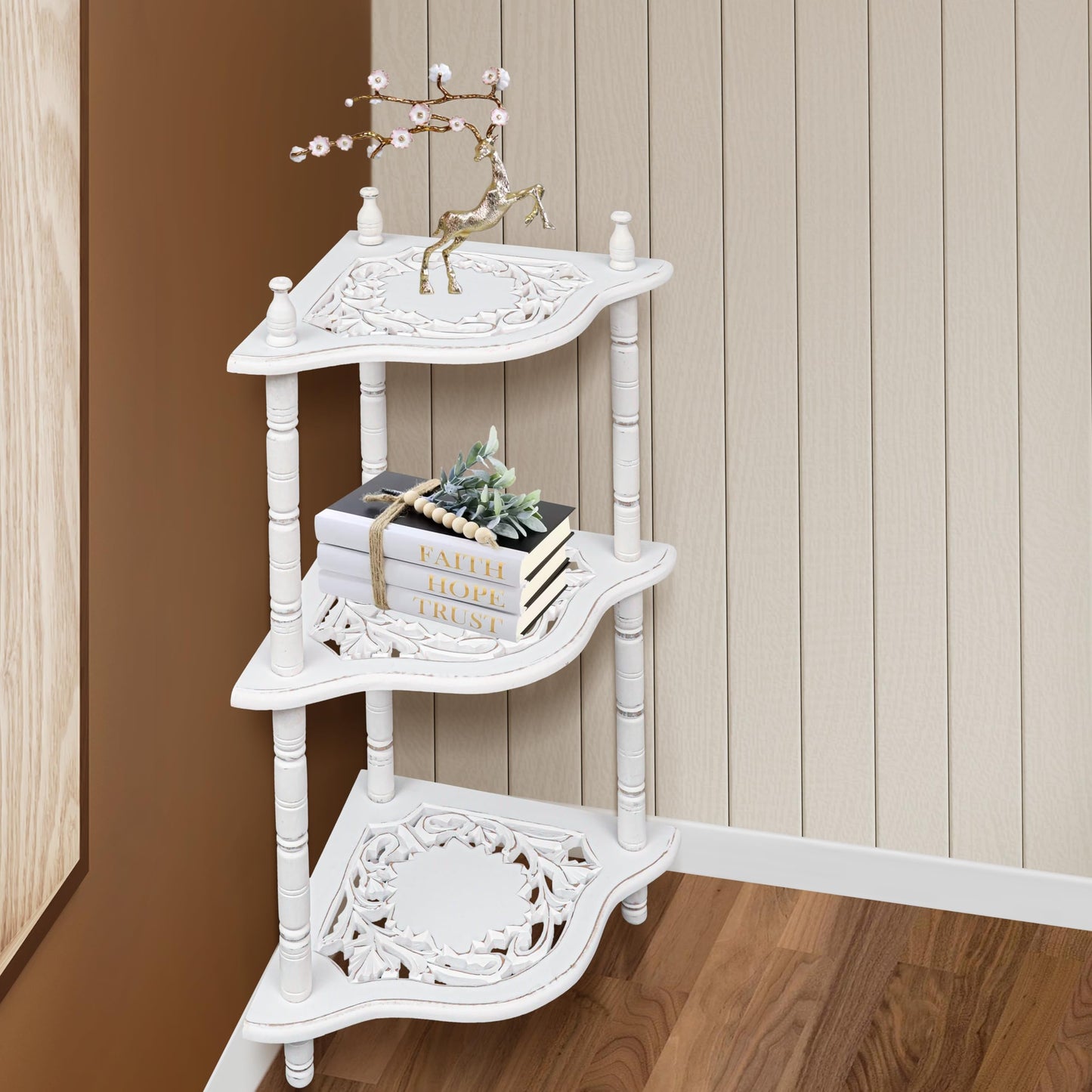 The Wooden Town Antique White Corner Bookshelf - 3-Tier Corner Shelf Stand for Small Spaces, Stylish Bathroom & Home Office Storage Solution, 12" L x 12" W x 26" H