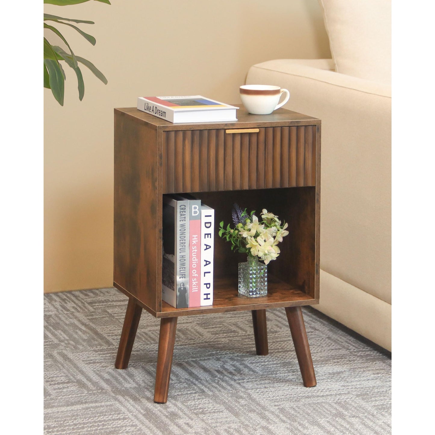 Fultyle Mid Century Modern Nightstand, Wood Bedside Table with Drawer and Open Storage, End Table Living Room Fluted Night Stand with Solid Wood Legs for Bedroom (Rustic Brown)