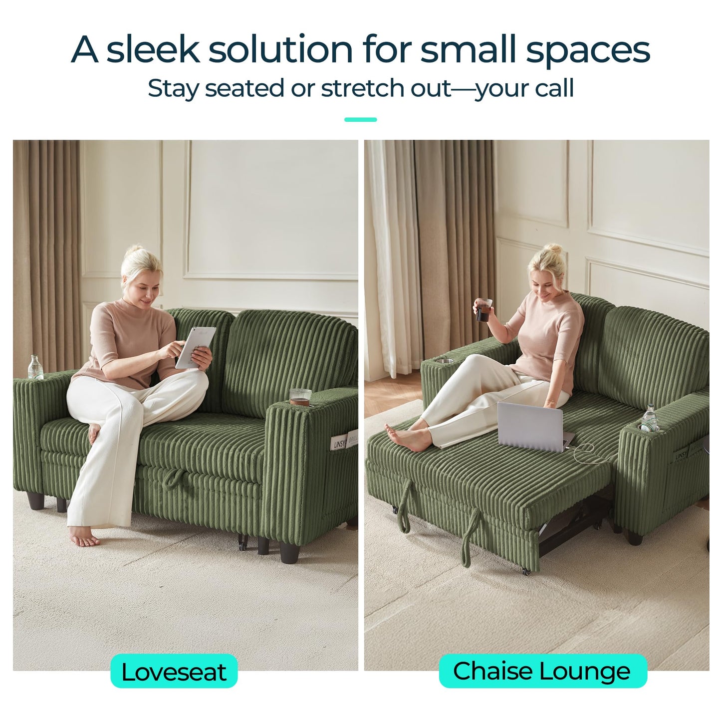 LINSY HOME Loveseat Sofa with Pull Out Couch Chaise: 2-in-1 Convertible 2 Seater Sofa with USB Charging & Cup Holders, Comfy Plush Corduroy Love Seat for Small Spaces Living Room Apartment, Green
