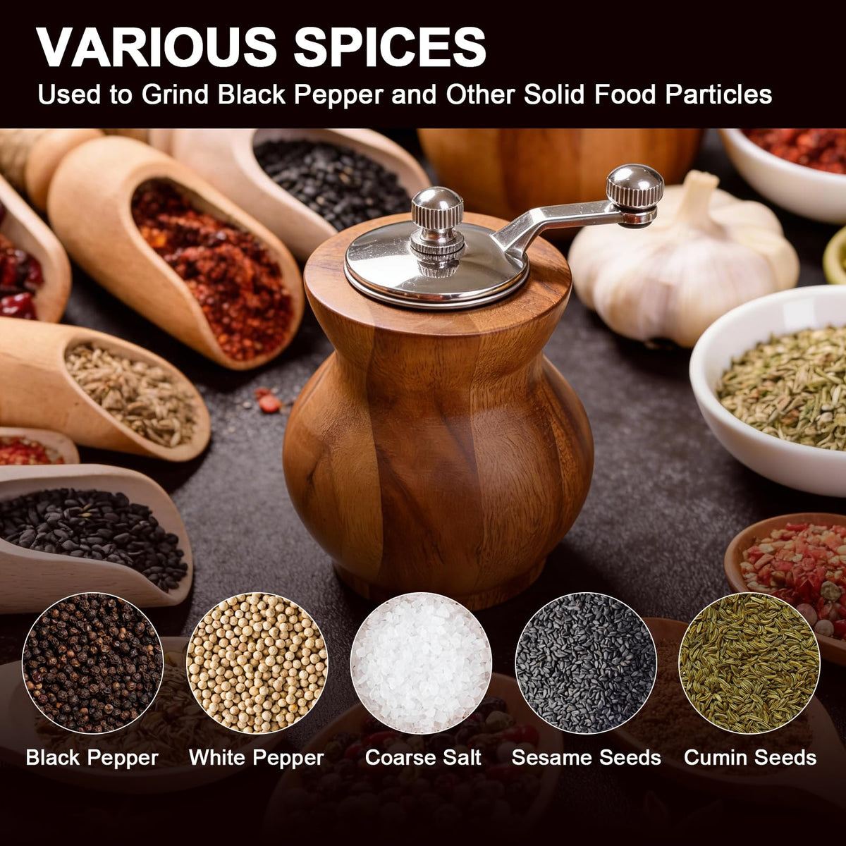 Pepper Grinder with Crank Handle, Adjustable Refillable Spice Mill