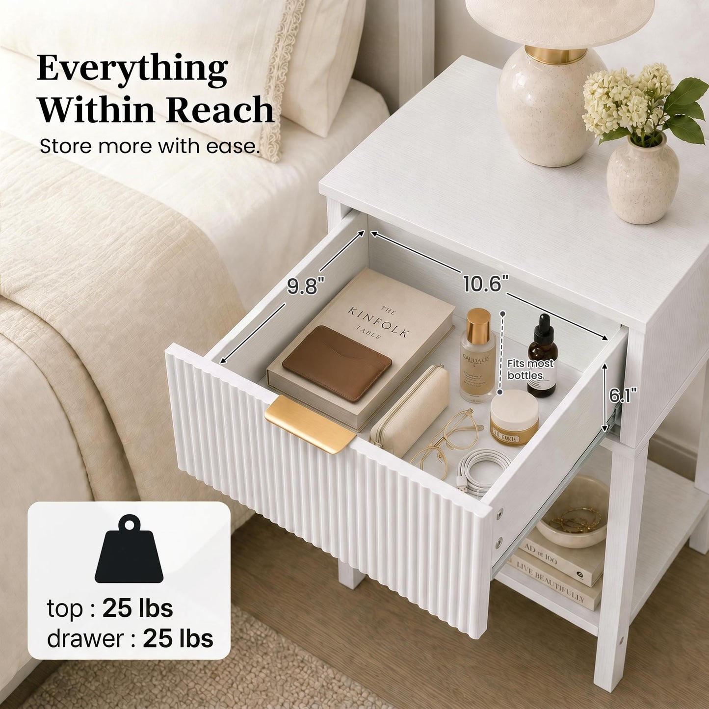 RIHHA Modern Fluted Small Wood Nightstand, 11.8" Deep x 15.4" Narrow Bedside Table with Drawer & Open Shelf, Farmhouse Chic Accent Side Table for Bedroom & Sofa - White