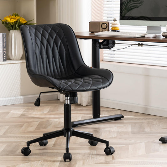 YOUNIKE Black Faux Leather Ergonomic Office Chair Armless Comfy Desk Chair with Rocking Back Cute Swivel Vanity Chair with Wheels Height Adjustable Small Computer Task Chair for Sewing Drafting