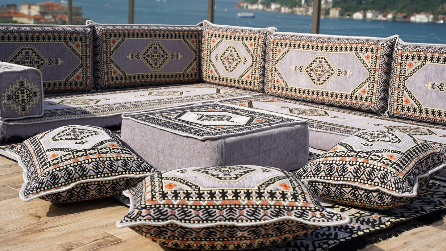 L Shaped Arabic Floor Cushions, Sectional Sofas, Arabic Majlis Set, Custom Made Sofa, Arabic Sofa Set, Seating Cushions (4'' Thickness Sofa, L Sofa Full Set, Gray)