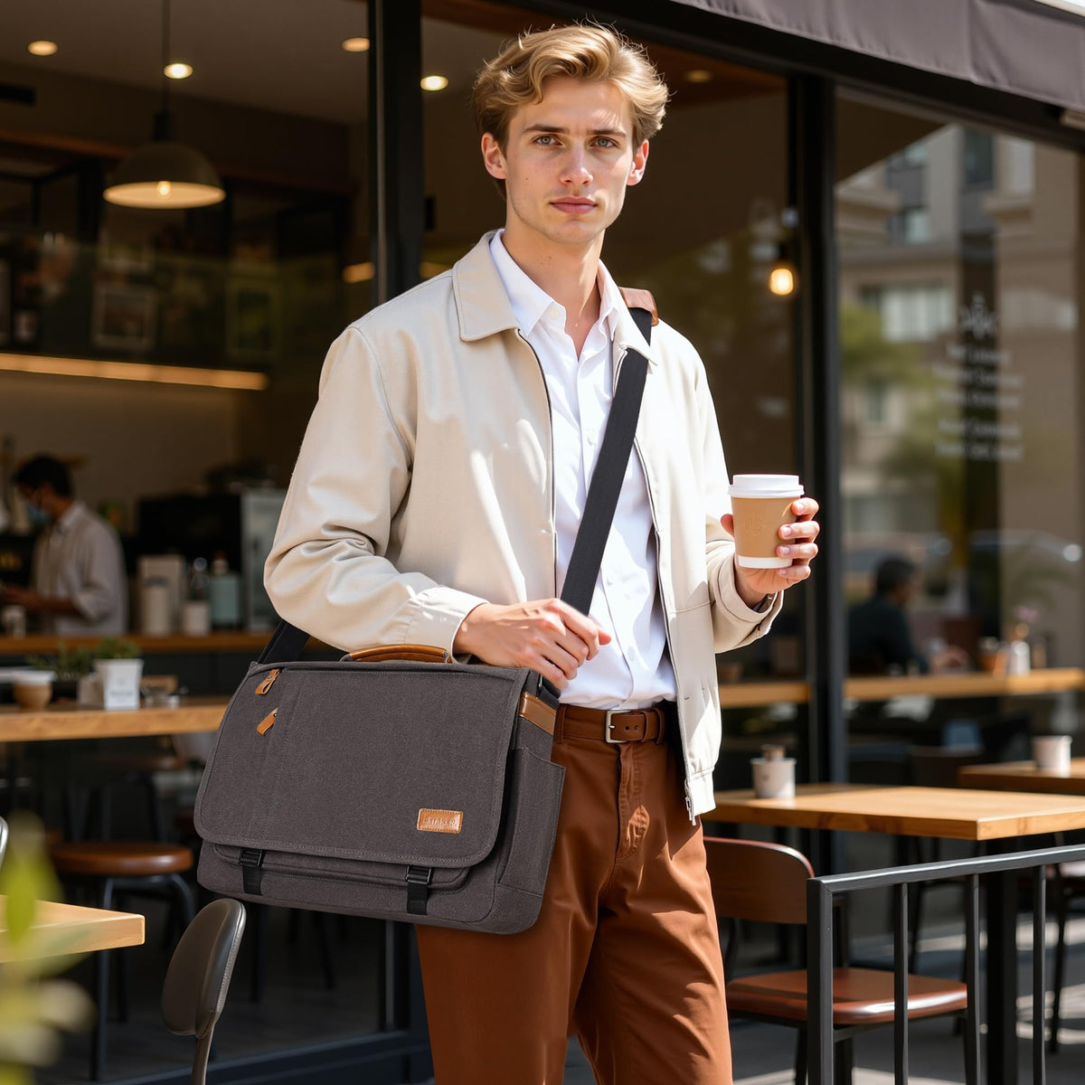 ESTARER Men Messenger Bag 17-17.3 Inch Laptop Bag Water-resistant Canvas Computer Shoulder Bag Briefcase for Work College Travel, Grey