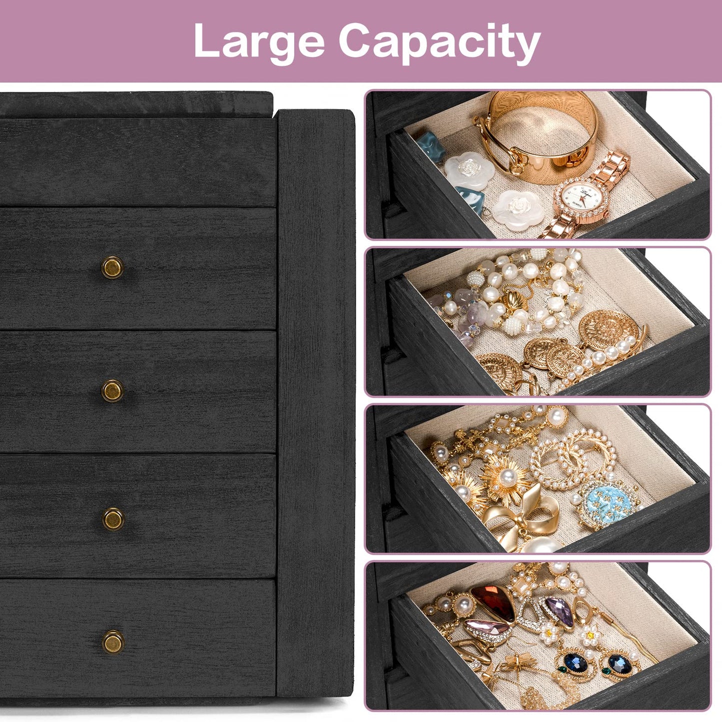 Meangood Jewelry Box Wood for Women, 5-Layer Large Organizer Box with Mirror & 4 Drawers for Rings, Earrings, Necklaces, Black