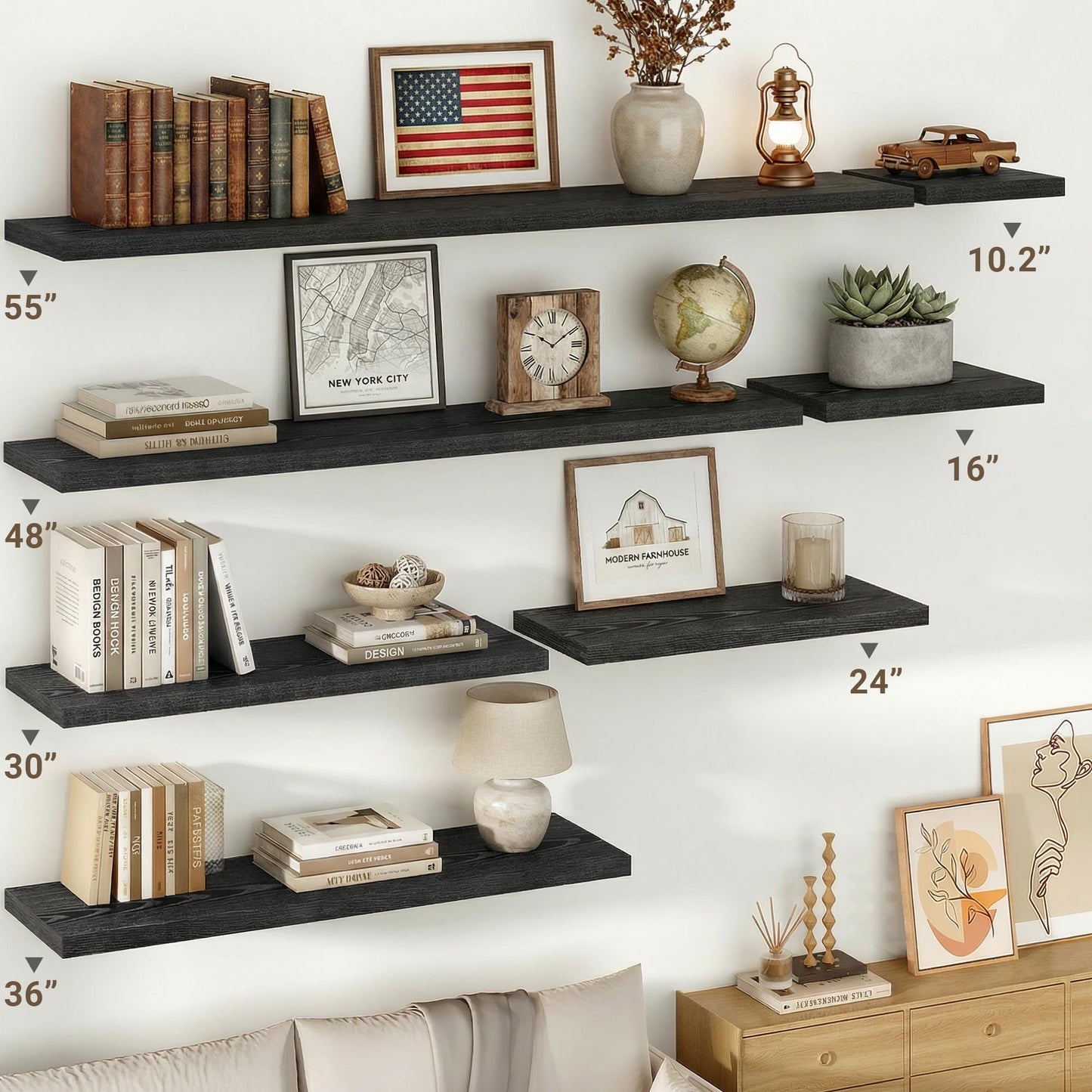 Vivelove 10.2 Inches Floating Shelves Wall Mounted, 10" Deep Wall Shelves for Bedroom, Bathroom, Living Room, Kitchen, Office, Home Decor, Modern Shelf, Set of 2, Black, 10.2x10.2x1.5
