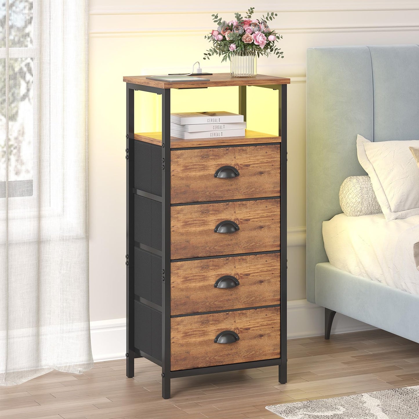 sthmec Nightstand with Charging Station,LED Nightstand with 4 Fabric Drawers, Bedside End Tables, 2-Tier Open Storage Shelf Side Table Nightstand with Drawers for Bedroom,Rustic Brown