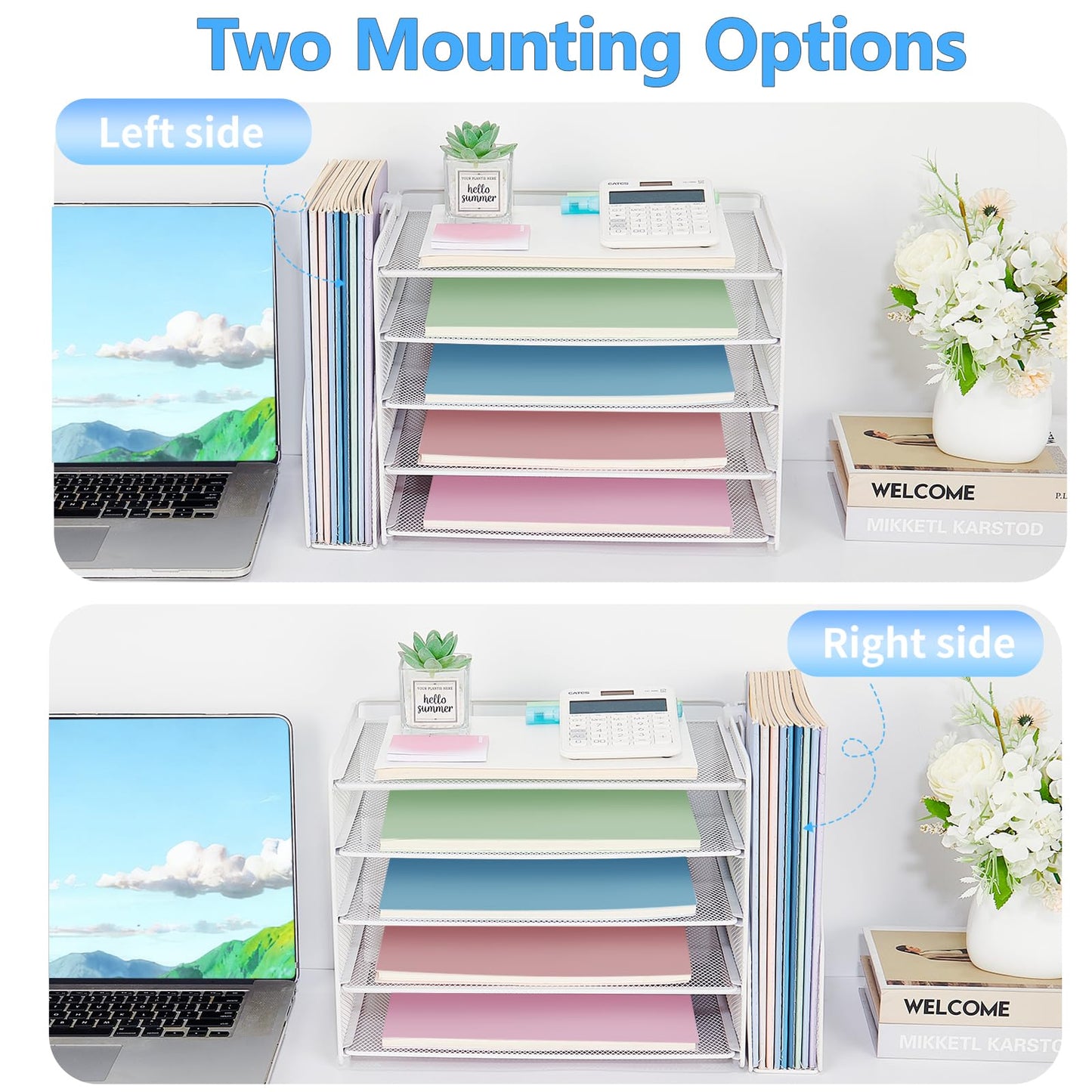 OPNICE Desk Organizer, 5-Tier Paper Organizer Letter Tray with Magazine Holder, Office Desk Accessories & Workspace Organizers, Desktop File Organizer for Office Supplies Storage, White