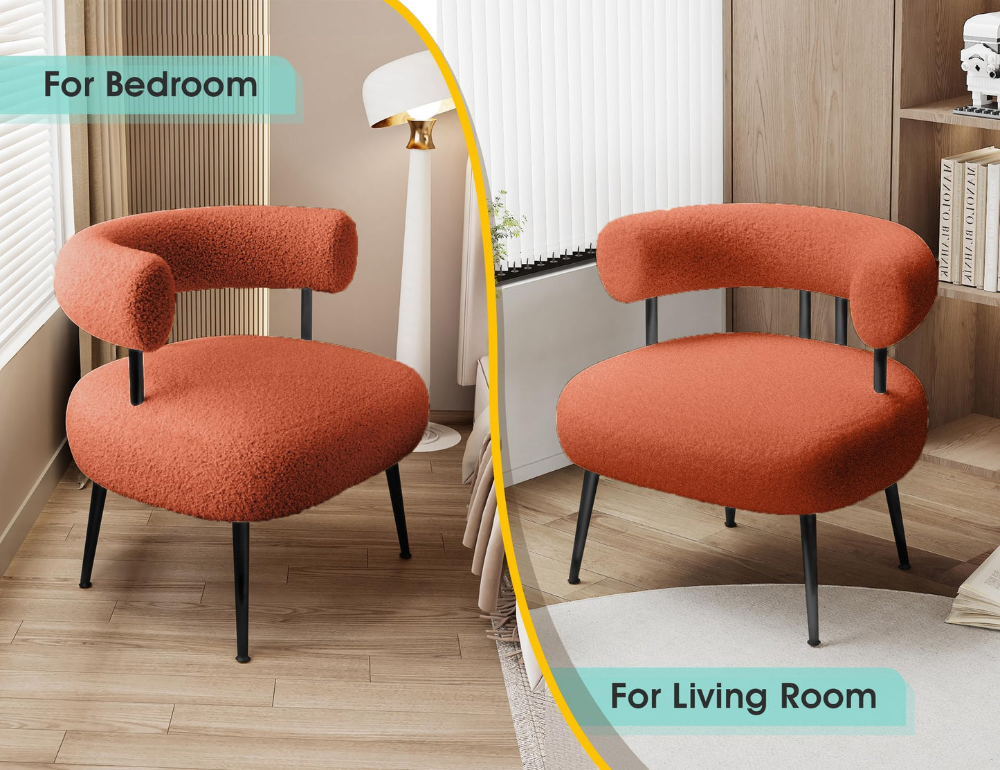 SEYNAR Mid Century Sherpa Boucle Accent Chair, Round Upholstered Barrel Arm Chair for Small Spaces, Fluffy Side Corner Sofa Chair for Living Room, Bedroom, Vanity, Office, Reading Nook（Orange）
