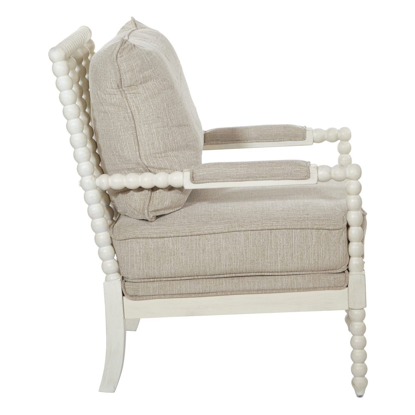 OSP Home Furnishings Kaylee Spindle Accent Chair with Antique White Wood Frame, Beige Linen Fabric
