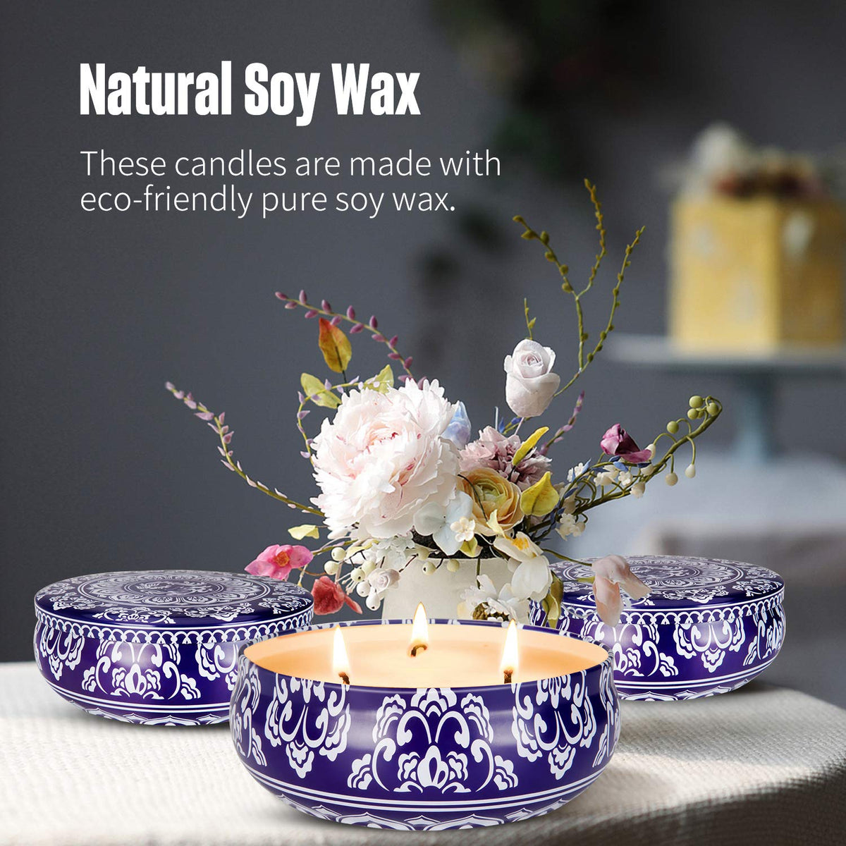Hausware Citronella Candles Outdoor & Indoor - Large 13.5 oz Scented Candles Set 3 Pack Natural Soy Wax citronella Candles for Garden Patio Yard Home Balcony Camping Backyard (Dark Blue)