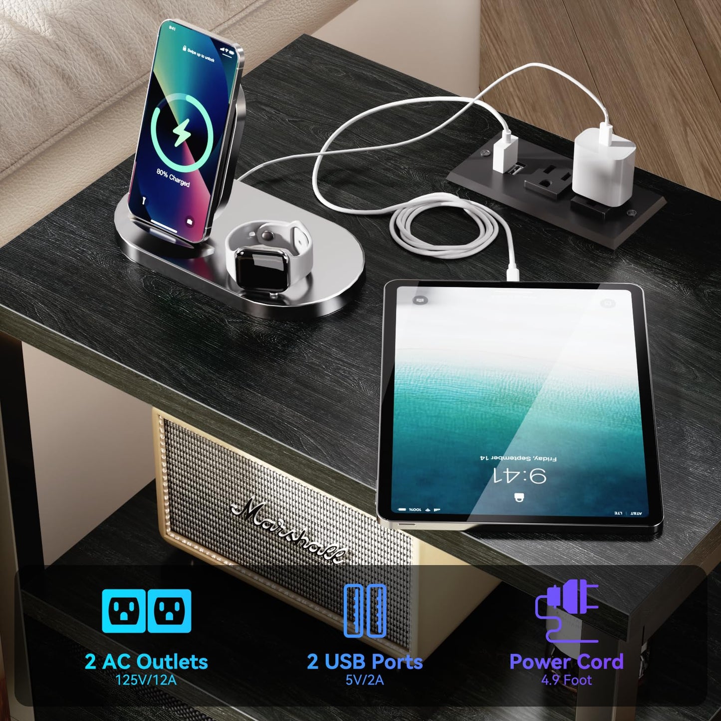 Furologee Nightstands with Charging Station, End Table with LED Lights, Black Night Stands with 2 Fabric Drawers, Bedside Tables with Shelves for Living Room/Bedroom,Black Oak