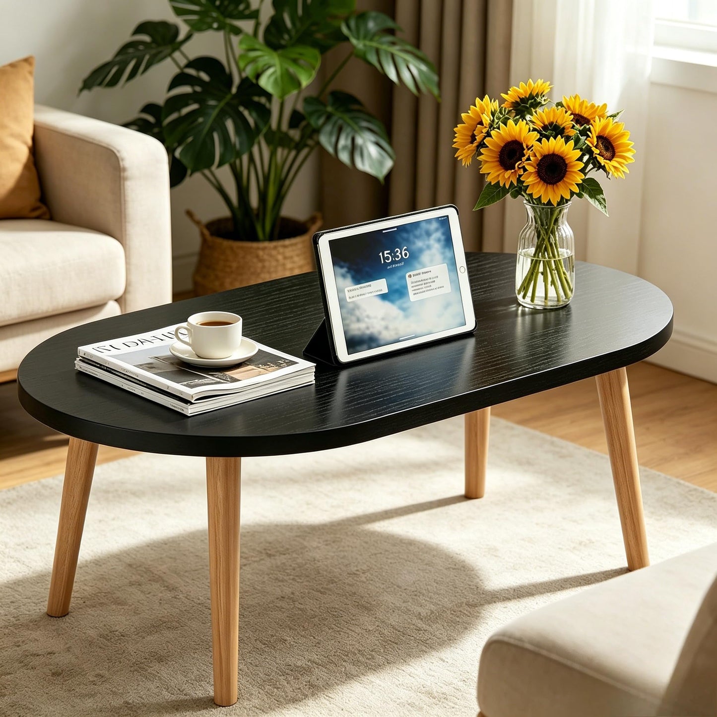 FURMORENE Coffee Table Low Table with Solid Wood Legs, 31.5x19.7 Large Coffee Table Side Table, Floor Table Desk for Sitting on The Floor, Living Room Furniture for Office Apartment Home, Oval Black