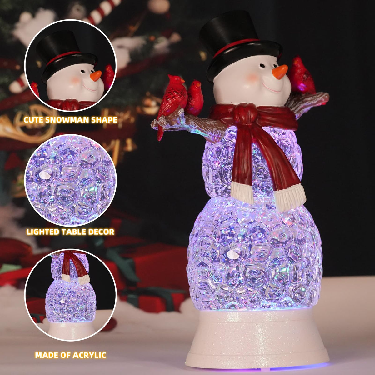 LEYUPEAK Christmas Snowman Snow Globe, Lighted Musical Cardinal Lantern with Glitter, Acrylic Snowman Figurines Holiday Tabletop Decorations Cardinal Gift, USB & Battery Operated, 6h Timer