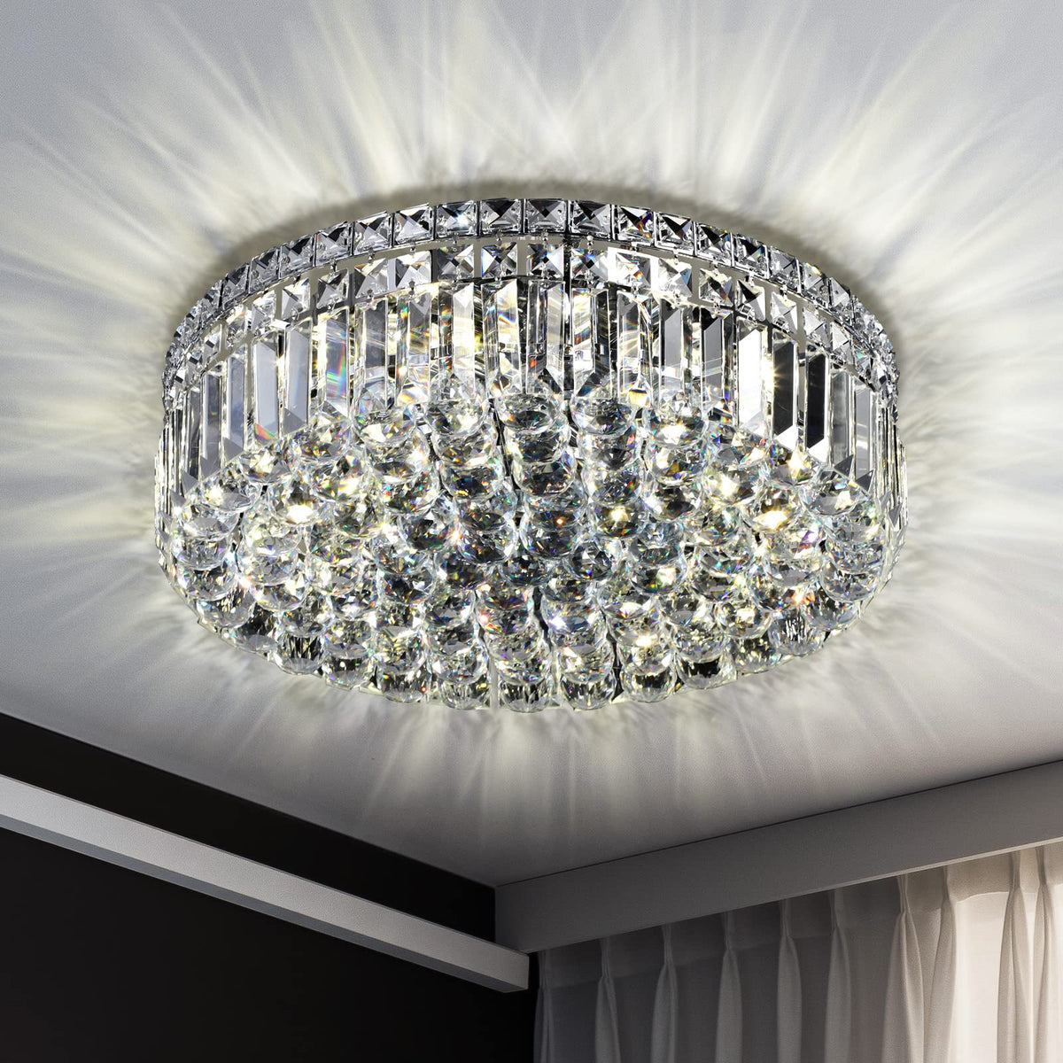 CEENLI 6-Lights Crystal Flush Mount Chandelier Light Fixture with K9 Crystals Modern Ceiling Lights Elegant Pendant Lamp for Bedroom,Hallway,Bar,Living Room,Dining Room,H5.9 xW20 (Bulbs Not Included)