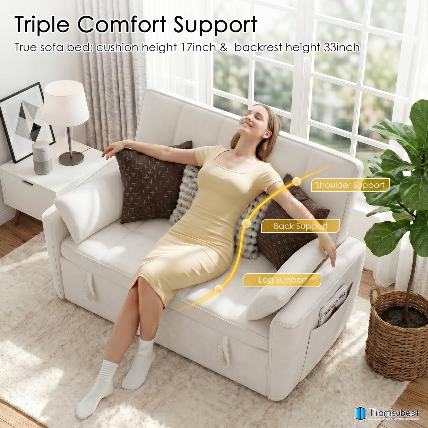 tiramisubest 54'' Sleeper Sofa Bed, Convertible Pull Out Couch Futon for for Living Room,Apartment (Beige, Loveseat) Side Pockets, Velvet Fabric, Adjustable Backrest, Pull-Out Bed, Easy Assembly
