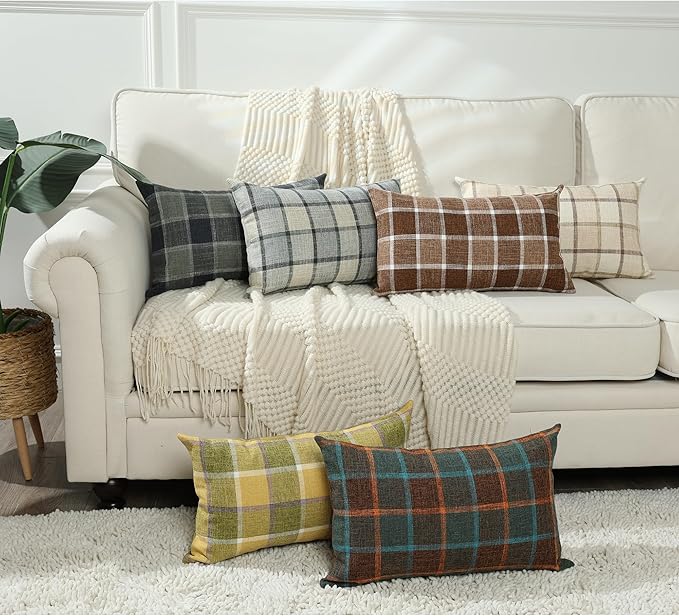 Stellhome Pack of 2 Lumbar Linen Buffalo Check Throw Pillow Covers Farmhouse