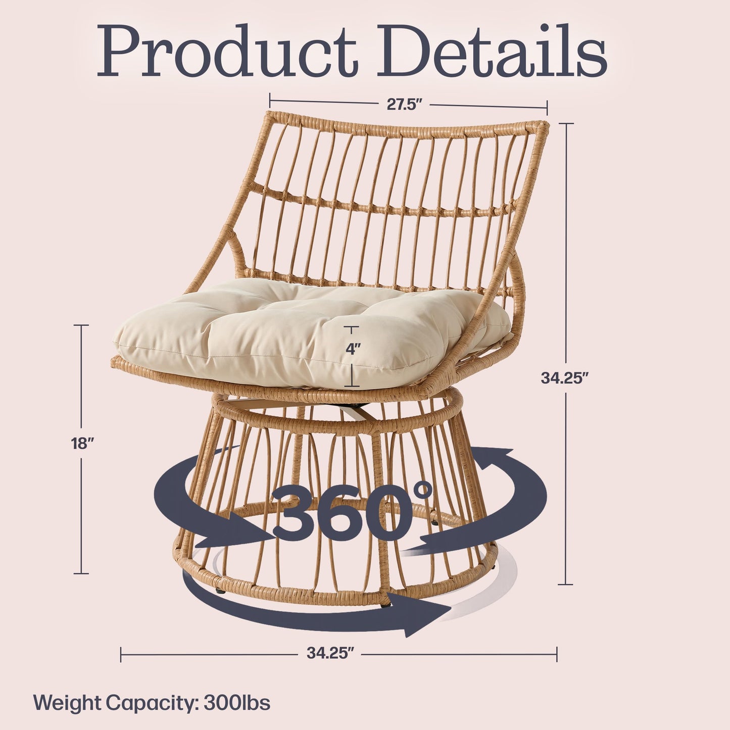Alaterre Furniture Servana Outdoor Wicker Chair - Oversized Outdoor Swivel Chair with Cushion - Weather-Resistant Patio Lounger - Boho Patio Furniture for Backyard, Balcony, Sunroom, Living Room (Tan)