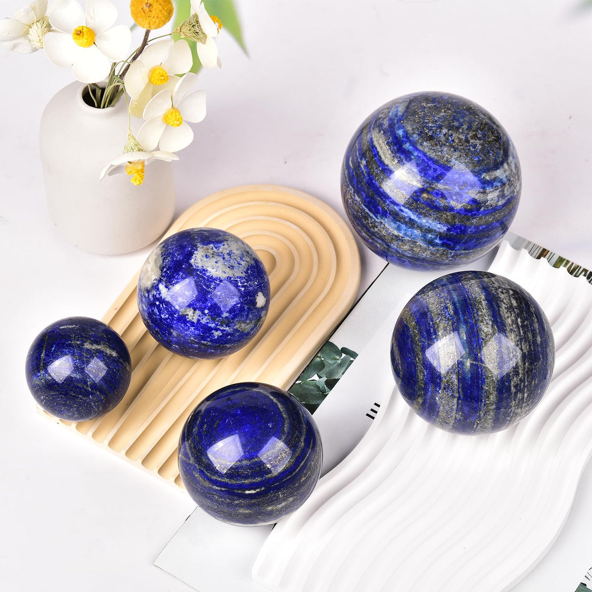 JIC Gem Lapis Lazuli Quartz Crystal Ball with Wooden Stand - Blue Crystal Sphere for Feng Shui Decor & Spiritual Gifts - 60-70mm