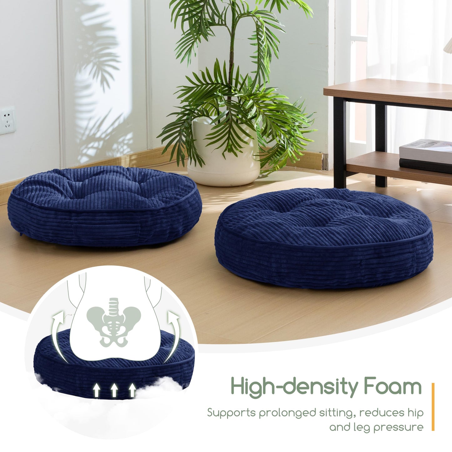 HIGOGOGO Floor Pillow Cushion for Adults, Meditation Cushion Pillow, Large Round Floor Sitting, Tufted Corduroy Cover, for Tatami Living Room or Yoga, 22x22 Inch, Navy