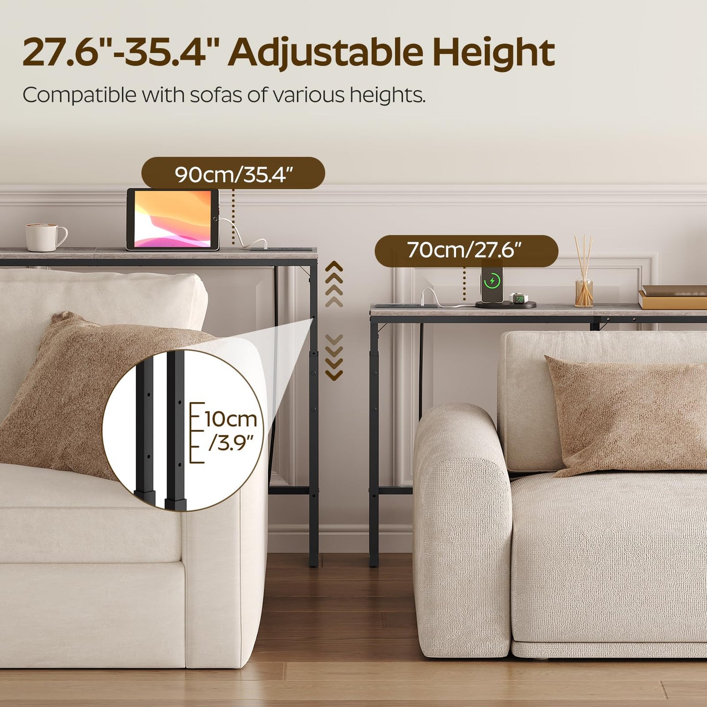 YATINEY 70.9" Narrow Console Table with Adjustable Height (27.6"-35.4"), L Shaped Sofa Table Narrow Long, Skinny Behind Couch Table with USB-C Ports, 5.9" Wide Sofa Side Table, Greige CT28UBG