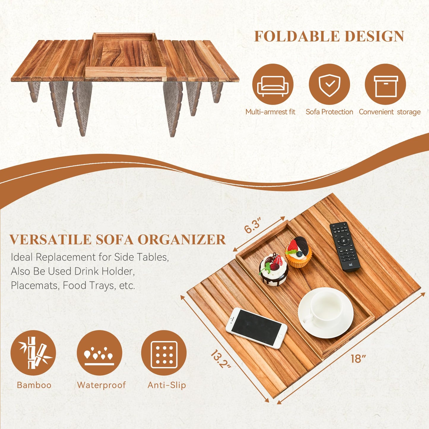 GEHE Acacia Wood Sofa Arm Tray, Foldable Couch Arm Tray Side Table, Anti-Falling Armrest Tables Cup Holder for Snacks, Drinks, Beers, Phone, Control, Flexible and Portable, Anti-Slip