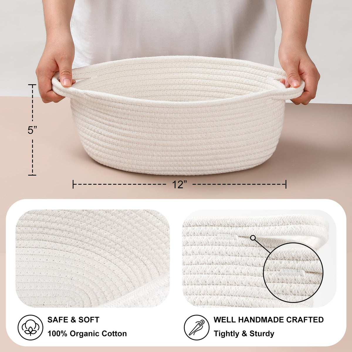 8 Pack Small Woven Basket with Gift Bags and Ribbons, All 12"x 8"x 5", Empty Decorative Gift Chest Box, Cute Baby Gift Basket for Nursery, Cotton Rope Room Shelf Storage Basket with Handles, White