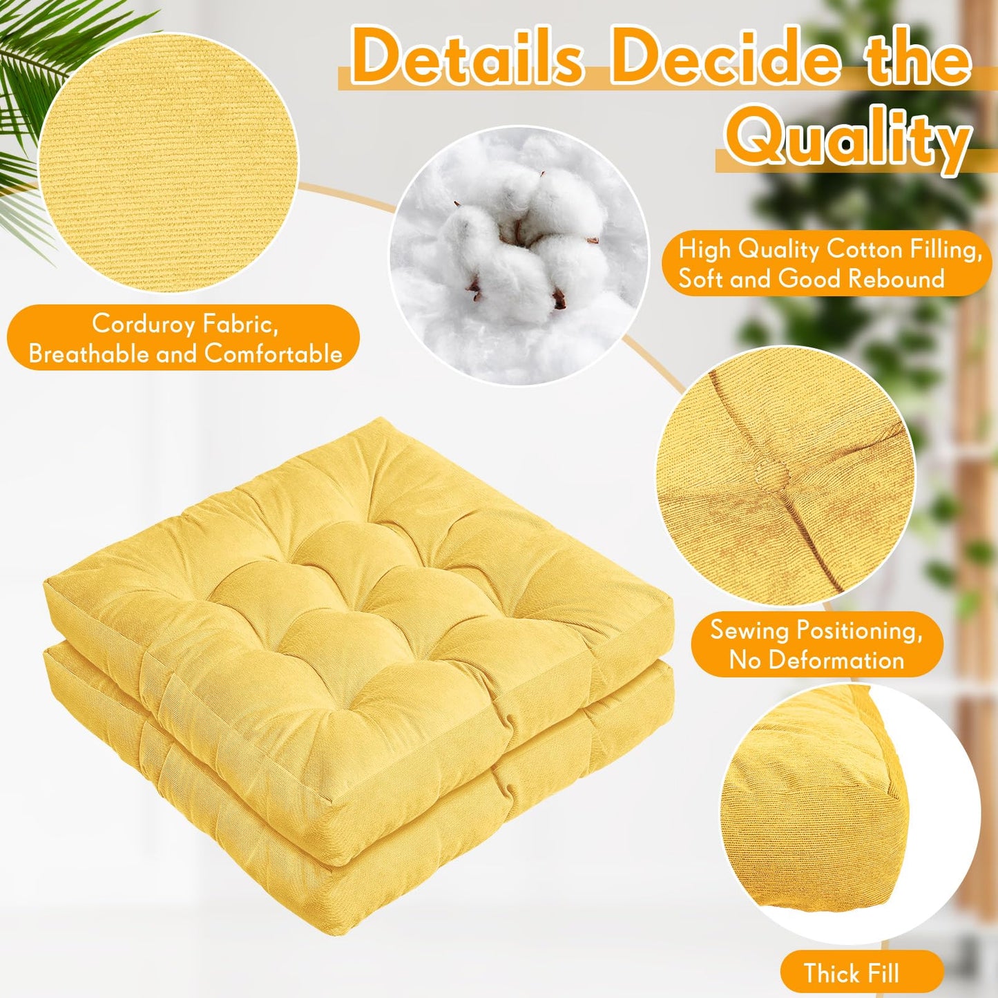 Jerify Floor Pillow Cushions Large Round Square Large Meditation Floor Pillow for Classroom Adult Meditation Picnic Party Seating Learning Daycare School(Square,Yellow,4 Pcs)
