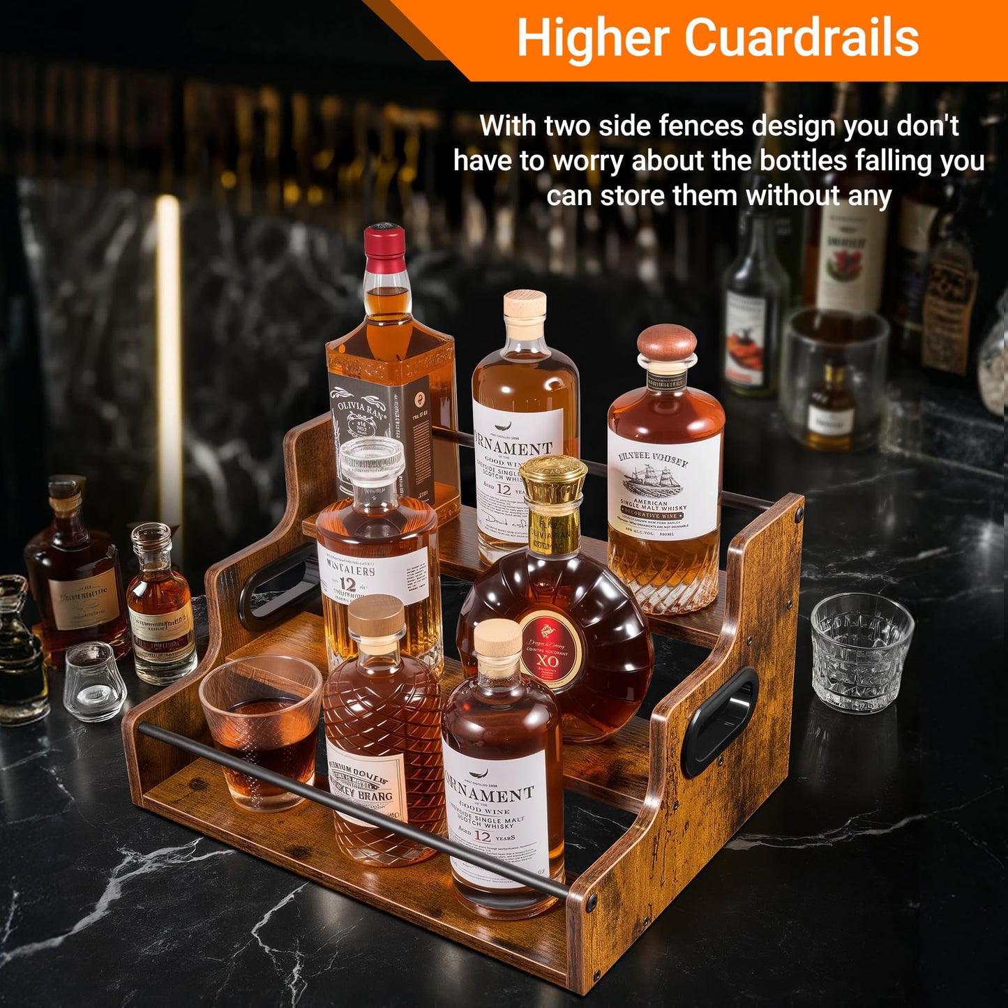YQBRAO Liquor Bottle Display Shelf, 3-Tier Bar Shelves for Liquor Whiskey, Spirits, Coffee Syrup Rack Organizer with Handles & Metal Guardrail, Bar Bottle Stand for Home, Kitchen, Cafe