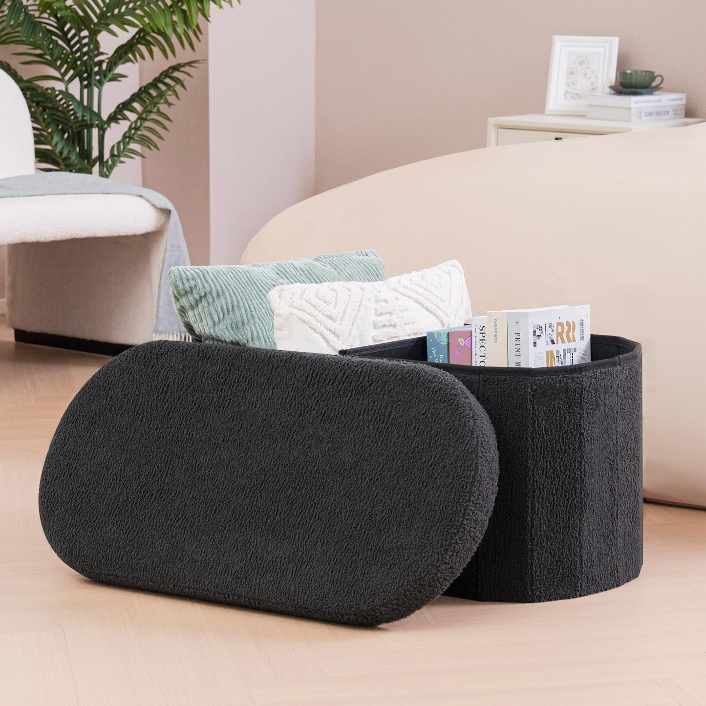 B FSOBEIIALEO Ottoman with Storage for Living Room, Sherpa Folding Storage Ottoman Foot Rest, 30 Inches Collapsible Bedroom Bench Dark Grey