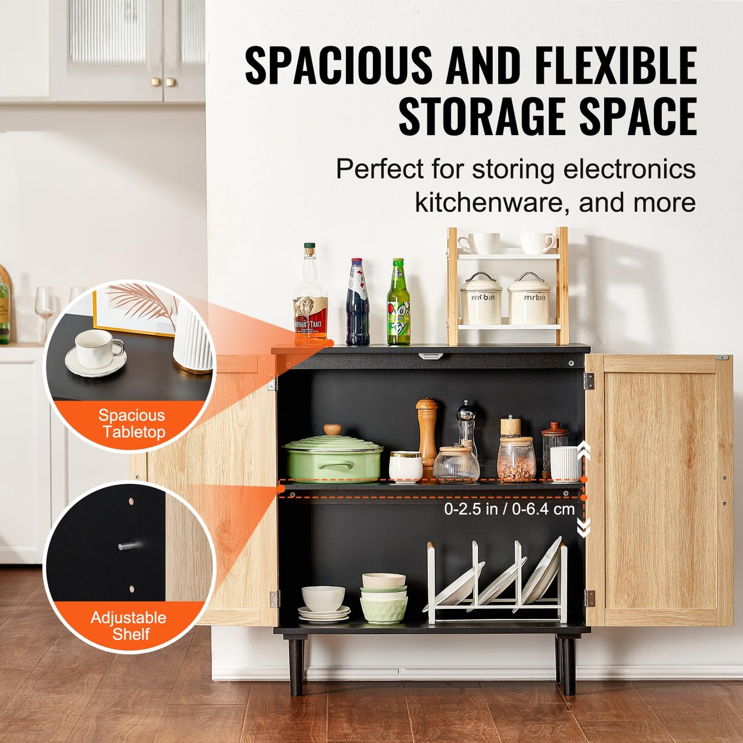 VEVOR Rattan Cabinet, Buffet Cabinet with Storage, Storage Cabinet with 2 Magnetic Doors and Adjustable Shelves, Sideboard Buffet for Hallway, Entryway, Living Room, or Kitchen, Black