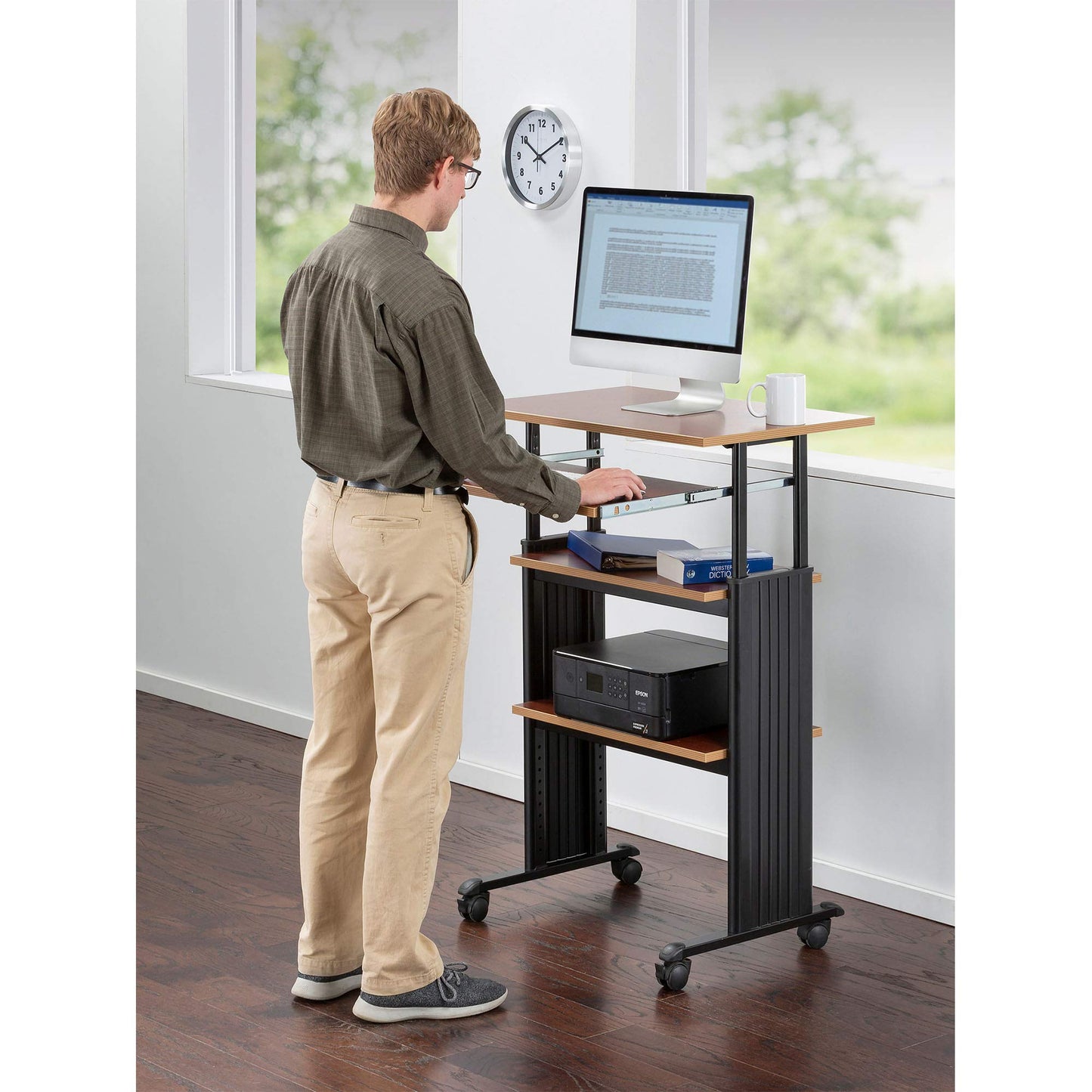 Safco MUV Adjustable-Height Desk – Stand Up & Move While Working in Comfort & Style – Mobile on Four Dual-Wheel Casters, Two Locking – Medium Oak Finish