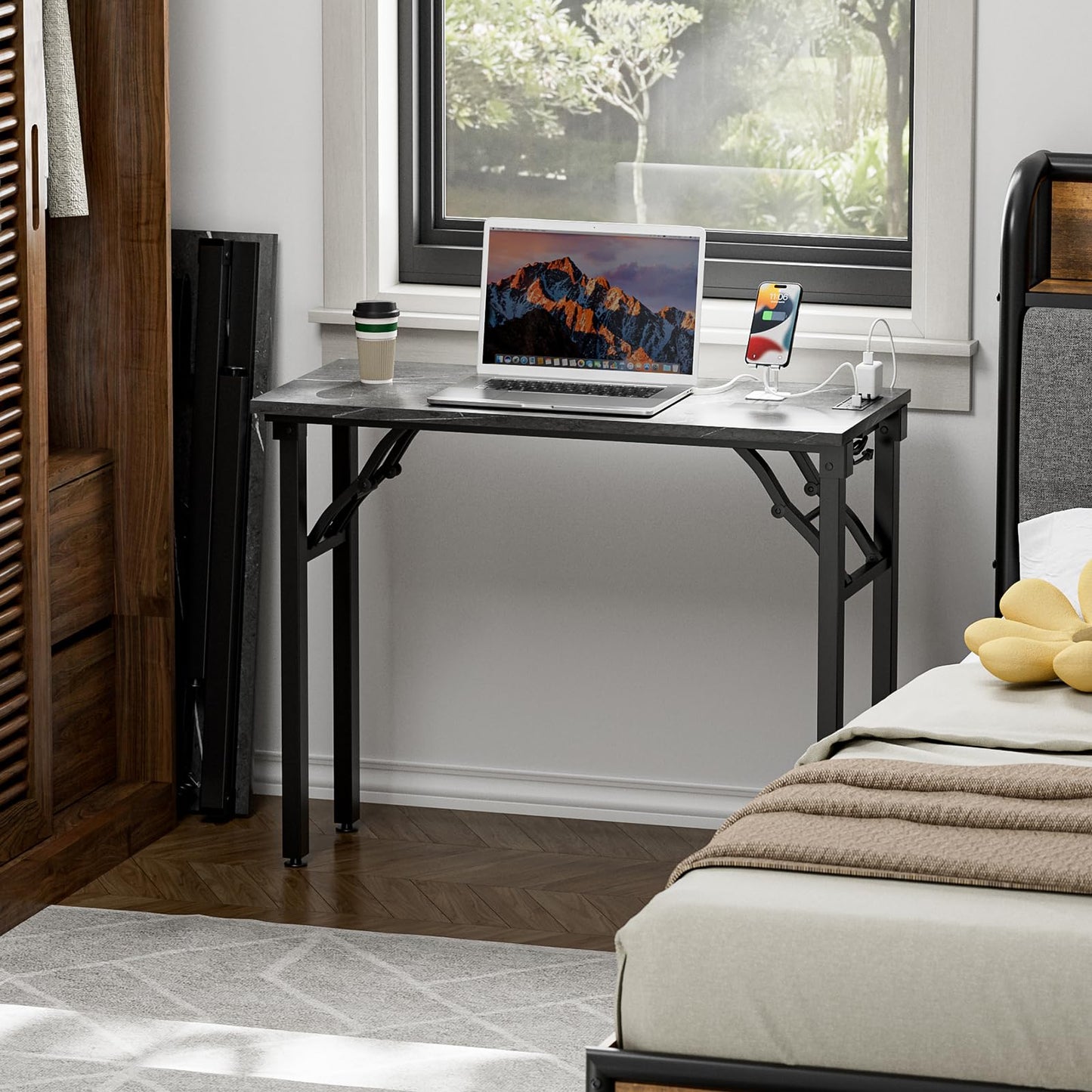 TEMI Small Computer Desk Folding Table - No Assembly, Compact 35.8" Foldable Desk with Power Outlets & USB Charging Port, Portable Small Office Desk, Ideal Mini Study Table, Marble Greige