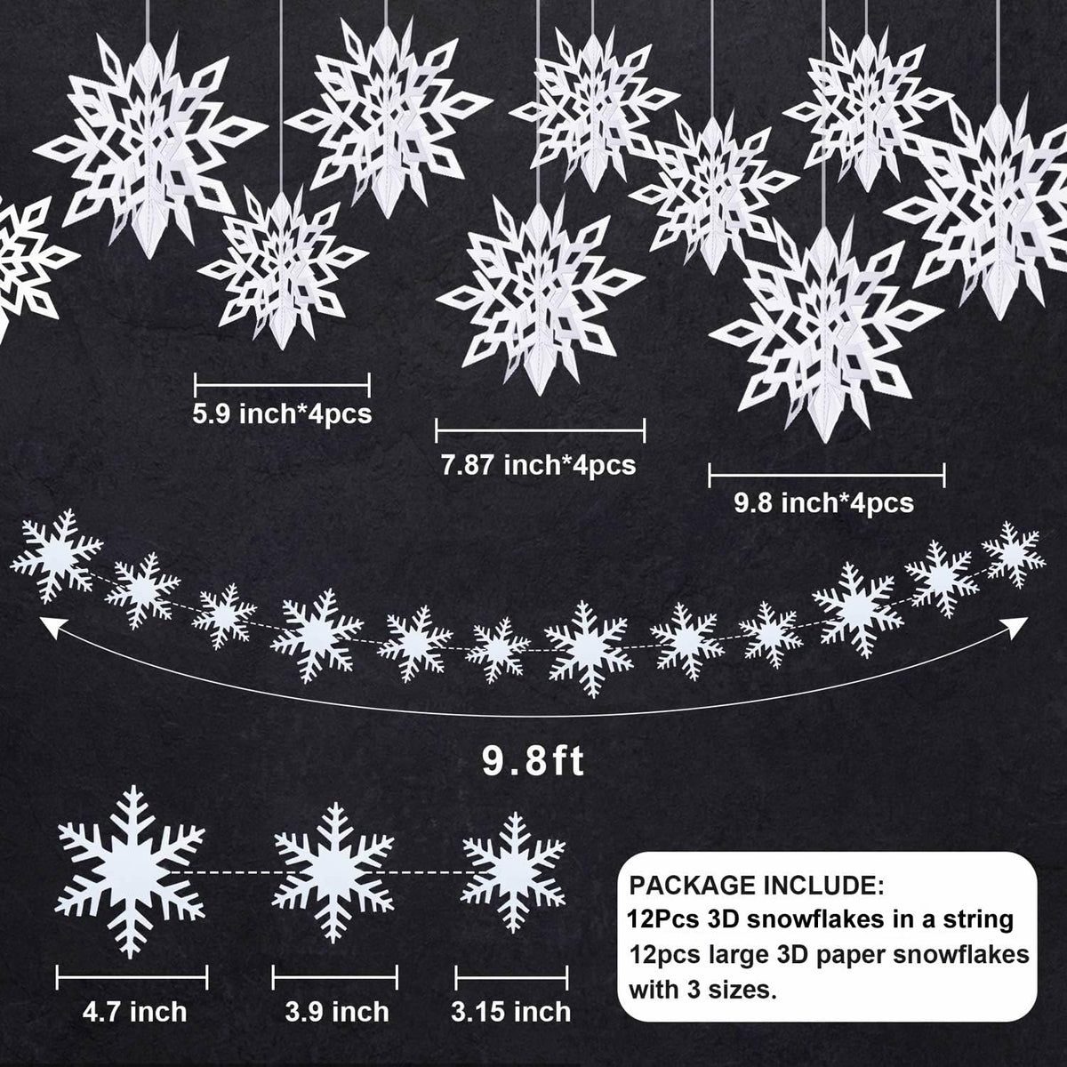 CNUSER 24Pcs Winter Wonderland Snowflakes Party Decorations 3D Card Hanging Paper Centerpieces for/Birthday/Christmastree/New Year/Baby Shower/Wedding Party/Shopwindow Supplies (24PCS White)