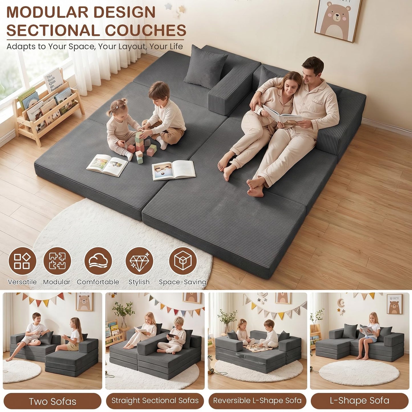 65'' L Shaped Couches for Living Room, Cloud Sectional Couch, Boneless Couch with Deep Seat Left Facing Chaise, Mini Modular Sectional 3 Seater Sofa for Apartment Furniture, No Assembly Needed, Grey
