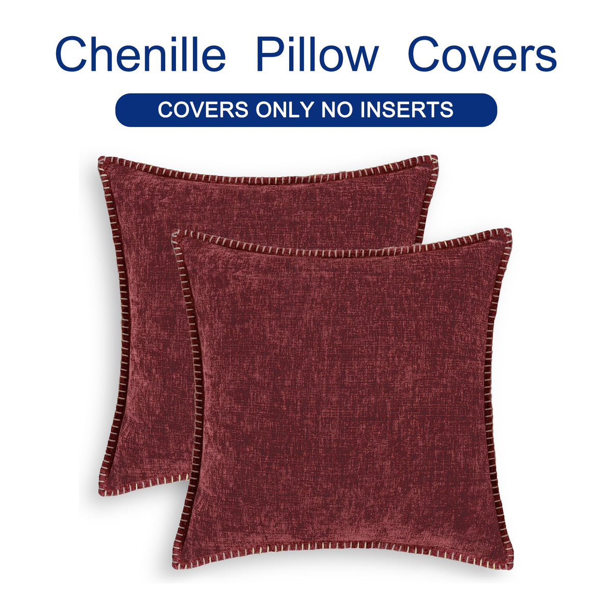 CaliTime Christmas Throw Pillow Covers Decorative 18 X 18 Inches Pack of 2 Cotton Thread Stitching Edges Solid Dyed Soft Chenille Cushion Cases for Couch Sofa Bed Living Room Farmhouse Burgundy
