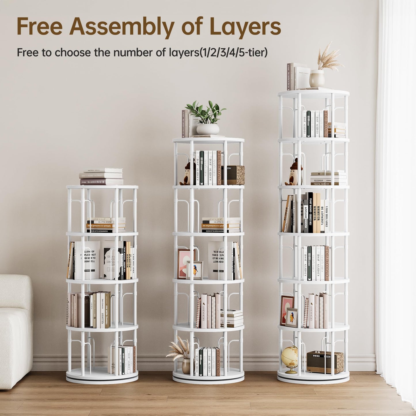 iabifo 5-Tier Tall Rotating Bookshelf, 360°Spinning Swivel Bookcase Tower, Vertical Floor Standing Revolving Round Book Shelf Organizer for Small Spaces, Corner, Living Room, Bedroom, White