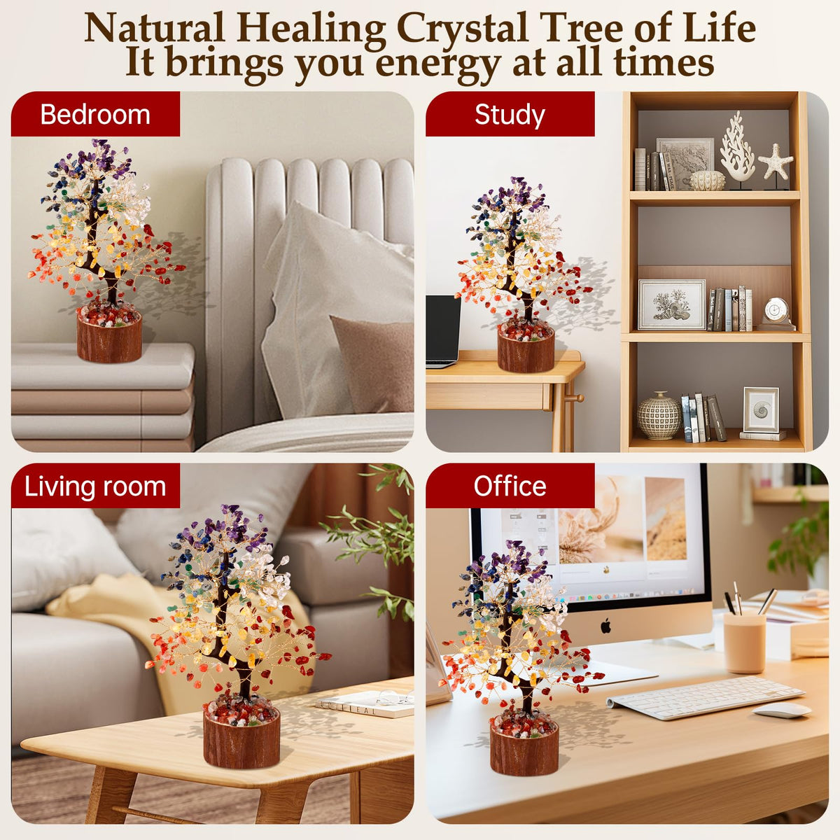 Hazms 7 Chakra Crystal Tree of Life - 8.7 Inches Healing Crystal Tree and 7 Crystals Office and Home Decor Positive Energy Seven Chakra Trees and Healing Stones Spiritual Birthday Gifts for Women